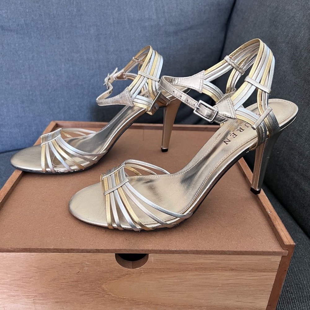 LAUREN by Ralph Lauren Elegant Gold and Silver Ankle Strap Leather Heels